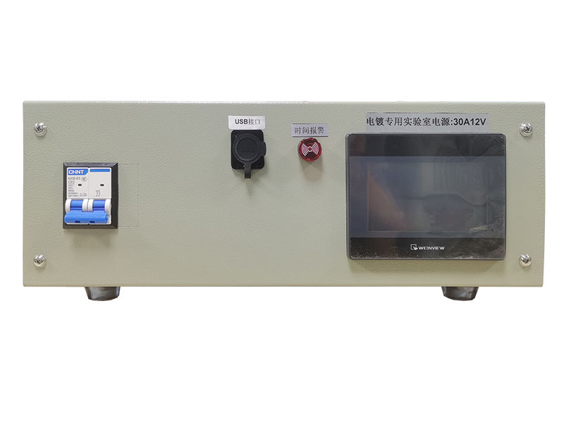 30A 12V plating lab rectifier with Hull cell test tank on bench
